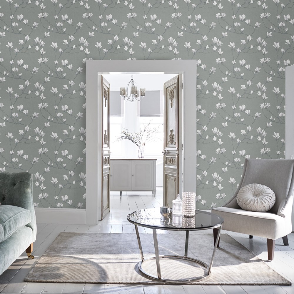 Magnolia Grove Floral Wallpaper 113354 by Laura Ashley in Slate Grey